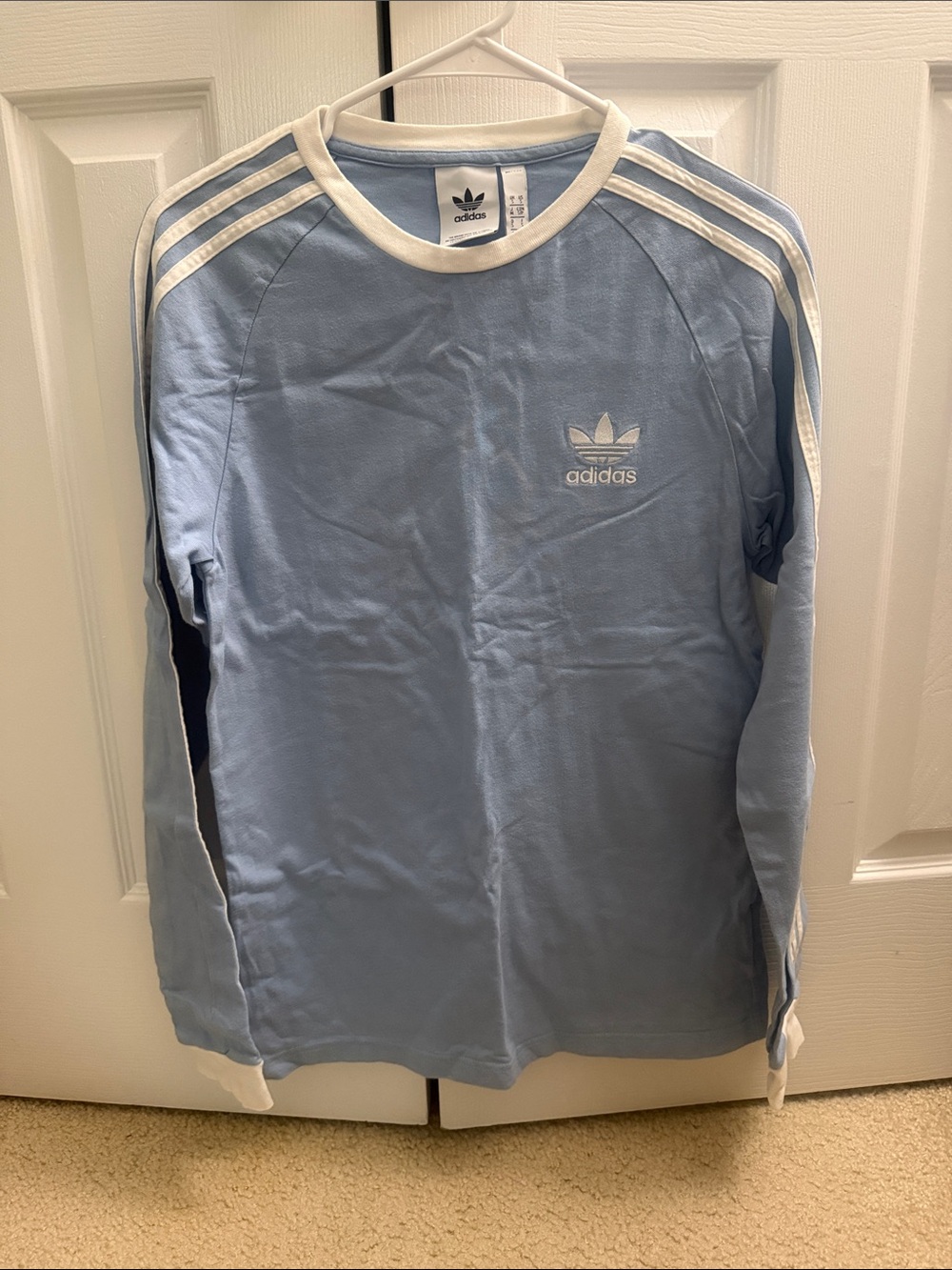 adidas Light Blue Long Sleeve Three-Stripe Tee with White Trim